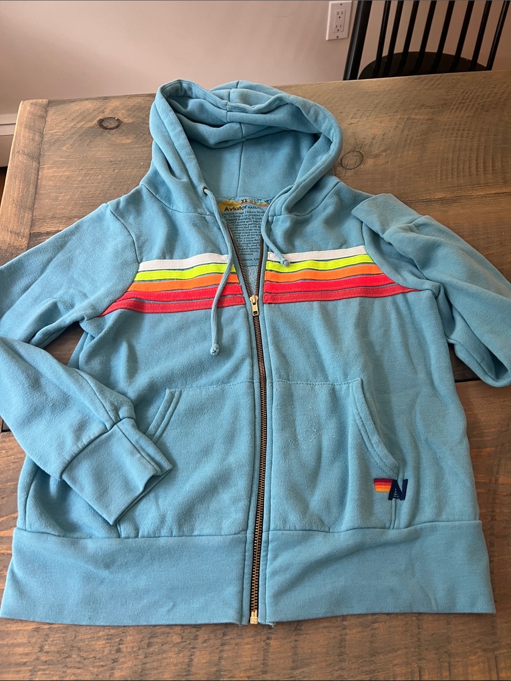 Aviator Nation Light Blue Kids Zip Hoodie with Rainbow Chest Stripes